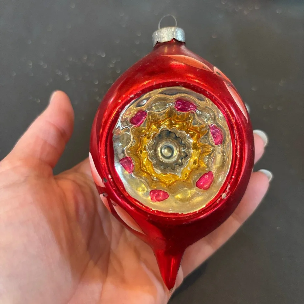 Vintage Hand Painted Indent Teardrop Red Gold Pink Floral Motif Glass Ornament